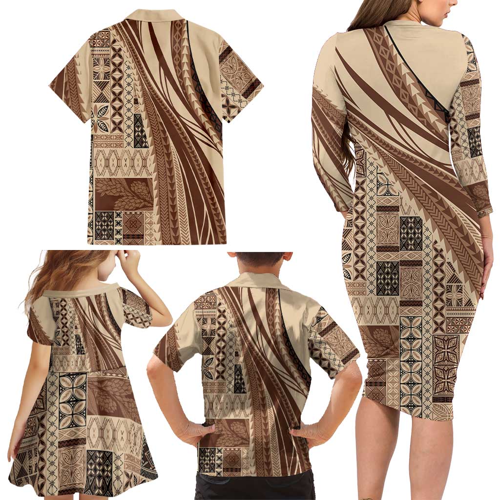 Pasifika Women's Day - Samoa Siapo Malu Tattoo Inspired Family Matching Long Sleeve Bodycon Dress and Hawaiian Shirt Beige