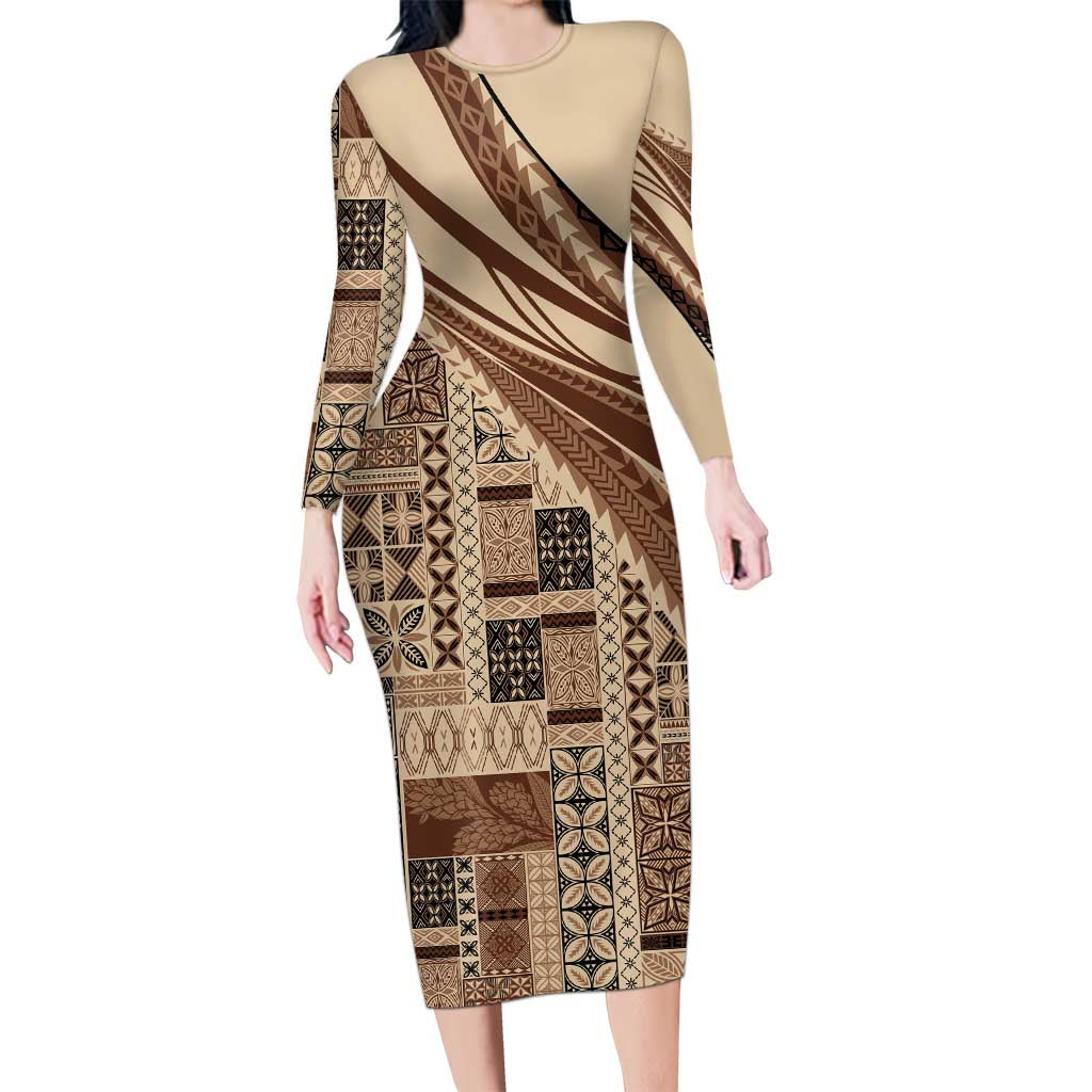 Pasifika Women's Day - Samoa Siapo Malu Tattoo Inspired Family Matching Long Sleeve Bodycon Dress and Hawaiian Shirt Beige