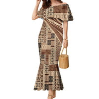 Pasifika Women's Day - Samoa Siapo Malu Tattoo Inspired Family Matching Mermaid Dress and Hawaiian Shirt Beige