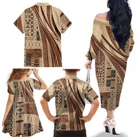 Pasifika Women's Day - Samoa Siapo Malu Tattoo Inspired Family Matching Off The Shoulder Long Sleeve Dress and Hawaiian Shirt Beige