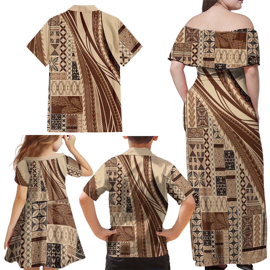 Pasifika Women's Day - Samoa Siapo Malu Tattoo Inspired Family Matching Off Shoulder Maxi Dress and Hawaiian Shirt Beige