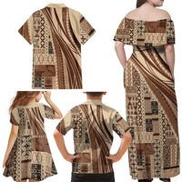 Pasifika Women's Day - Samoa Siapo Malu Tattoo Inspired Family Matching Off Shoulder Maxi Dress and Hawaiian Shirt Beige