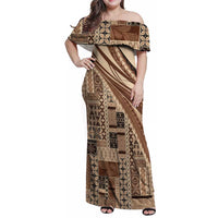 Pasifika Women's Day - Samoa Siapo Malu Tattoo Inspired Family Matching Off Shoulder Maxi Dress and Hawaiian Shirt Beige