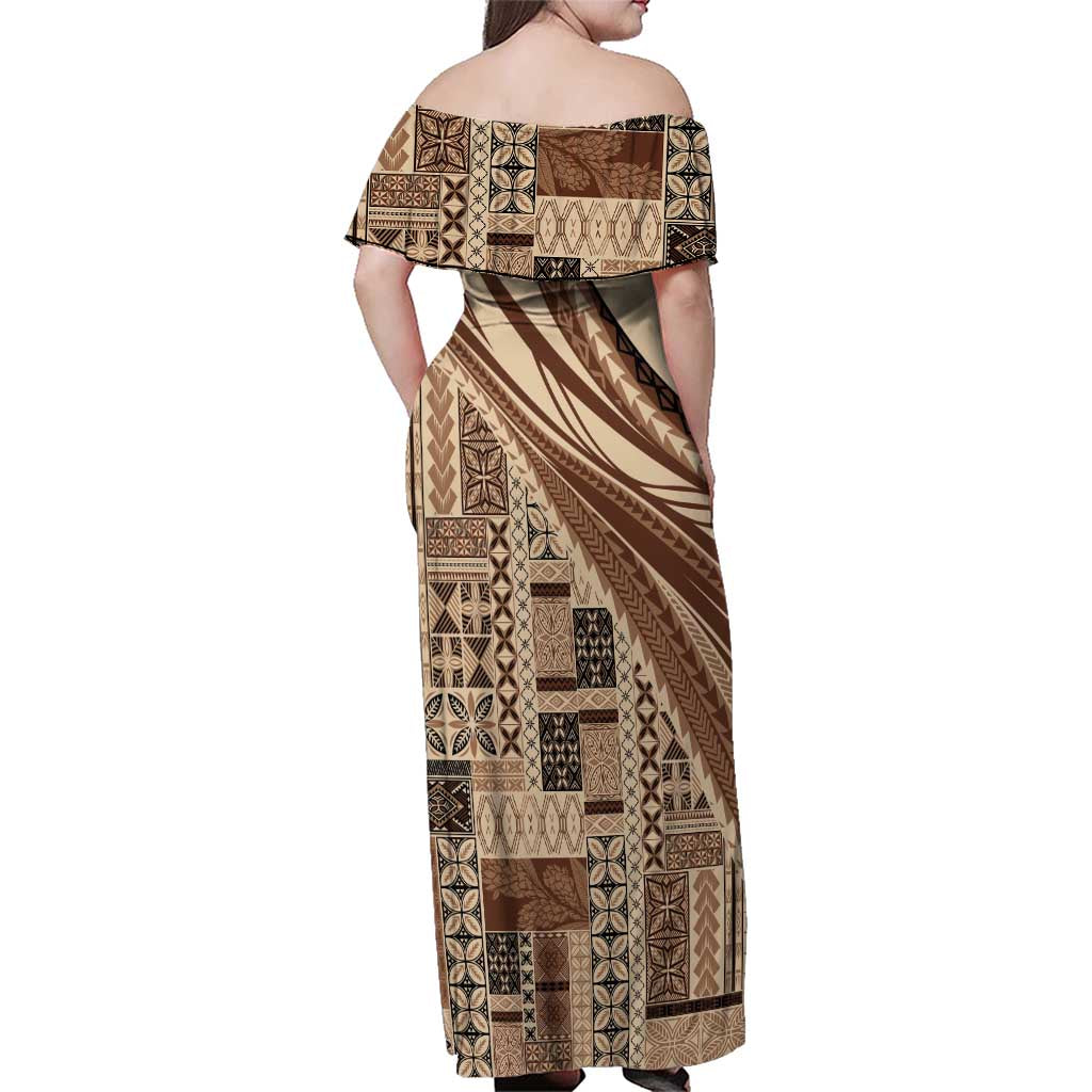 Pasifika Women's Day - Samoa Siapo Malu Tattoo Inspired Family Matching Off Shoulder Maxi Dress and Hawaiian Shirt Beige