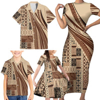 Pasifika Women's Day - Samoa Siapo Malu Tattoo Inspired Family Matching Short Sleeve Bodycon Dress and Hawaiian Shirt Beige