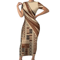 Pasifika Women's Day - Samoa Siapo Malu Tattoo Inspired Family Matching Short Sleeve Bodycon Dress and Hawaiian Shirt Beige