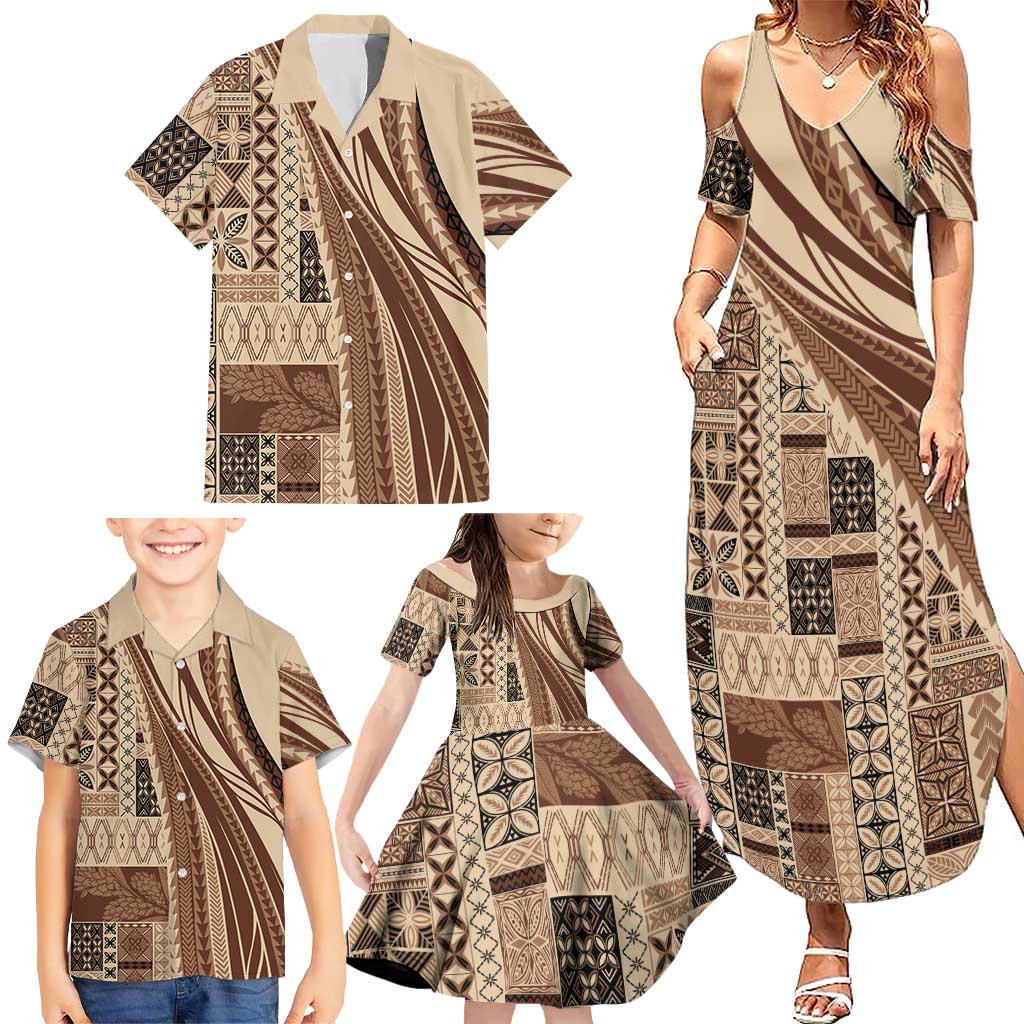 Pasifika Women's Day - Samoa Siapo Malu Tattoo Inspired Family Matching Summer Maxi Dress and Hawaiian Shirt Beige
