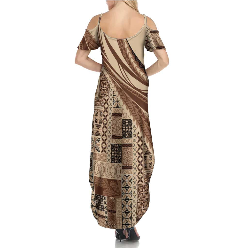 Pasifika Women's Day - Samoa Siapo Malu Tattoo Inspired Family Matching Summer Maxi Dress and Hawaiian Shirt Beige