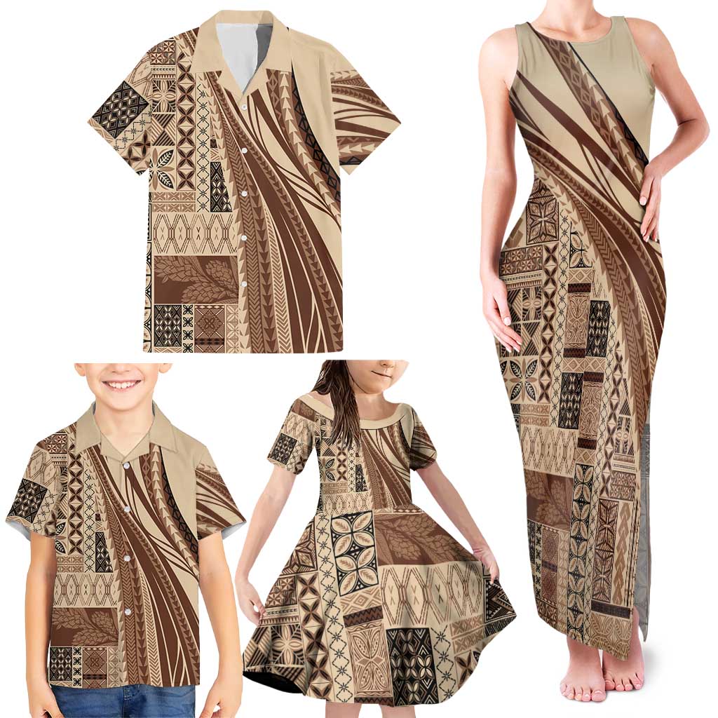 Pasifika Women's Day - Samoa Siapo Malu Tattoo Inspired Family Matching Tank Maxi Dress and Hawaiian Shirt Beige