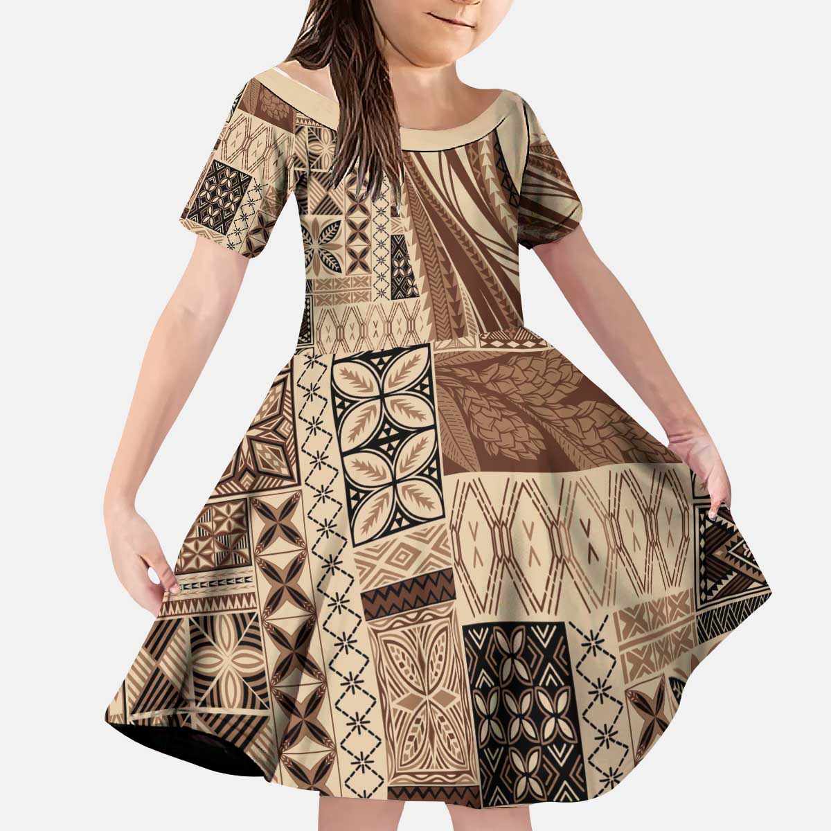 Pasifika Women's Day - Samoa Siapo Malu Tattoo Inspired Kid Short Sleeve Dress Beige