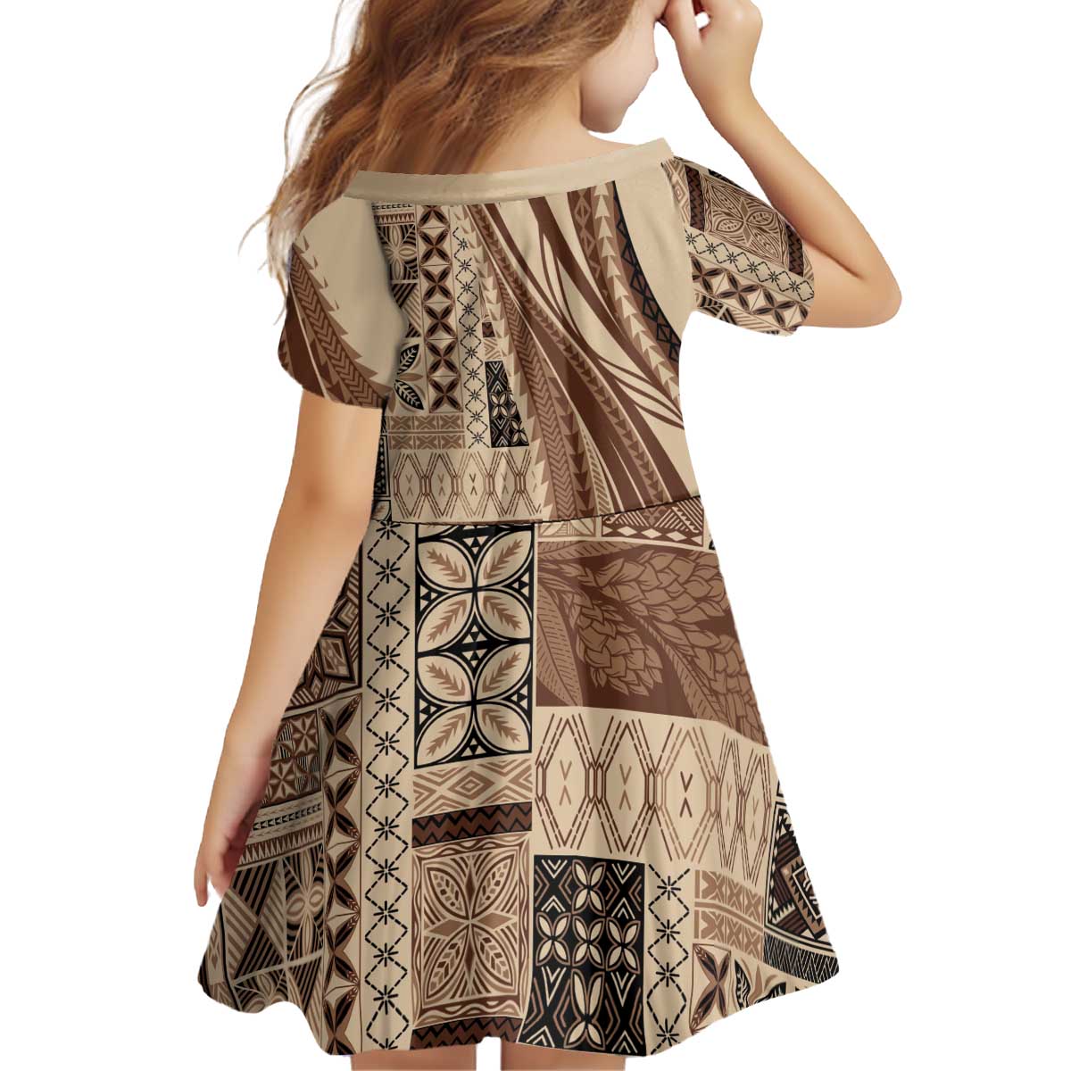 Pasifika Women's Day - Samoa Siapo Malu Tattoo Inspired Kid Short Sleeve Dress Beige
