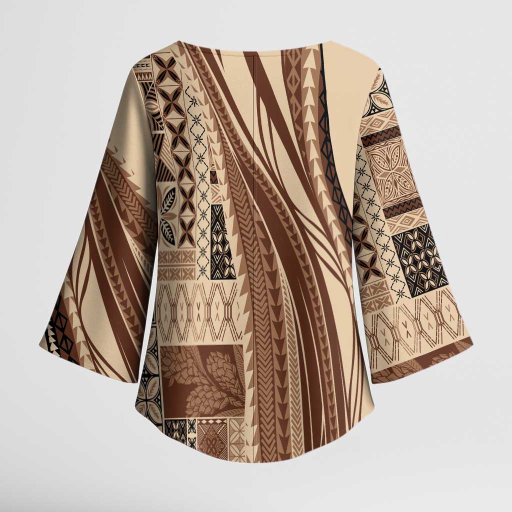 Pasifika Women's Day - Samoa Siapo Malu Tattoo Inspired Kimono Sleeve Blouse Beige LT7 - Polynesian Pride