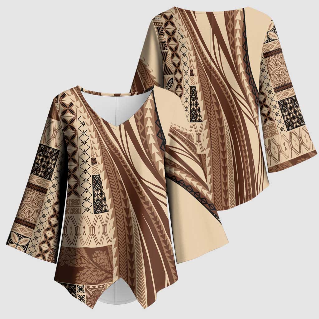 Pasifika Women's Day - Samoa Siapo Malu Tattoo Inspired Kimono Sleeve Blouse Beige LT7 - Polynesian Pride