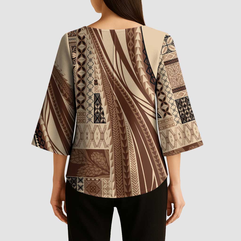 Pasifika Women's Day - Samoa Siapo Malu Tattoo Inspired Kimono Sleeve Blouse Beige LT7 - Polynesian Pride