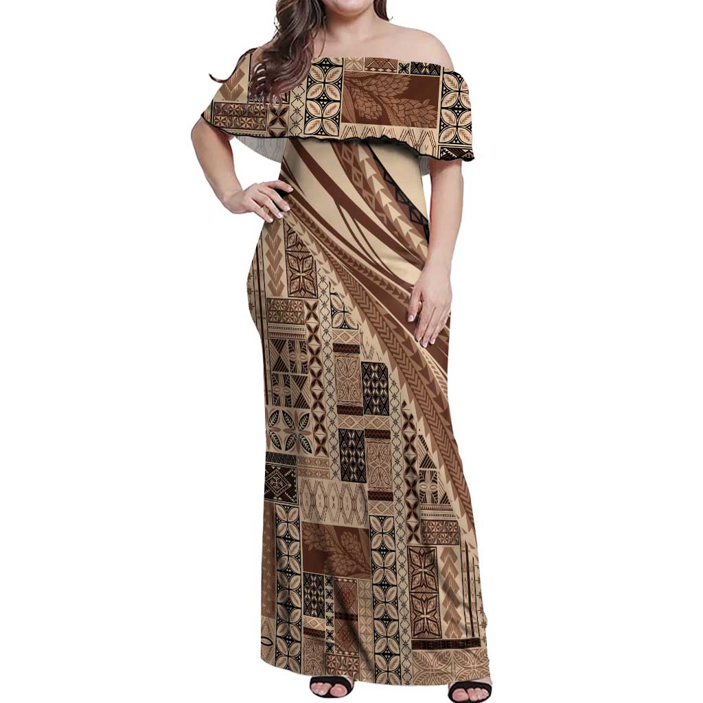 Pasifika Women's Day - Samoa Siapo Malu Tattoo Inspired Off Shoulder Maxi Dress Beige LT7 Women Beige - Polynesian Pride