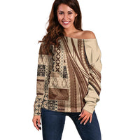 Pasifika Women's Day - Samoa Siapo Malu Tattoo Inspired Off Shoulder Sweater Beige