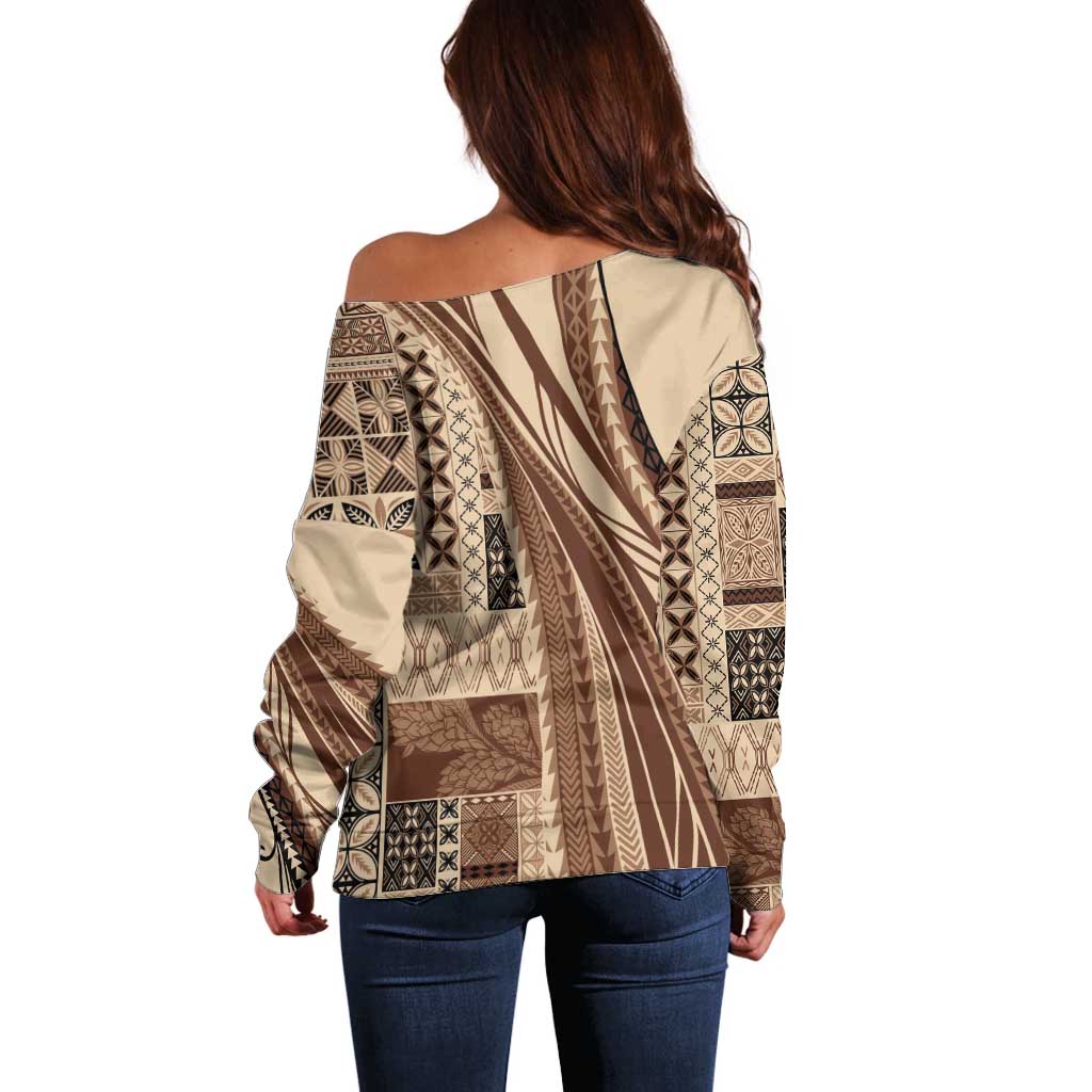 Pasifika Women's Day - Samoa Siapo Malu Tattoo Inspired Off Shoulder Sweater Beige