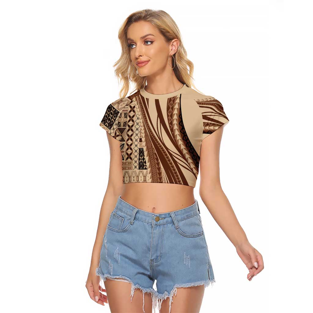 Pasifika Women's Day - Samoa Siapo Malu Tattoo Inspired Raglan Cropped T Shirt Beige LT7 Female Beige - Polynesian Pride