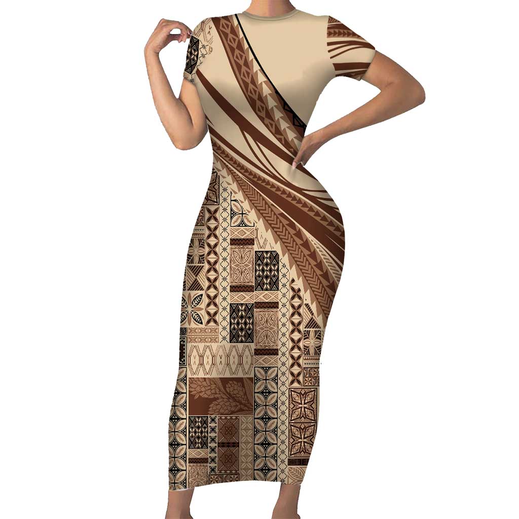 Pasifika Women's Day - Samoa Siapo Malu Tattoo Inspired Short Sleeve Bodycon Dress Beige