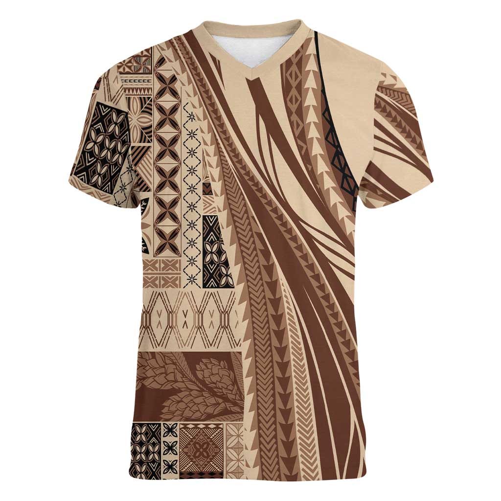 Pasifika Women's Day - Samoa Siapo Malu Tattoo Inspired Women V-Neck T-Shirt Beige LT7 Female Beige - Polynesian Pride
