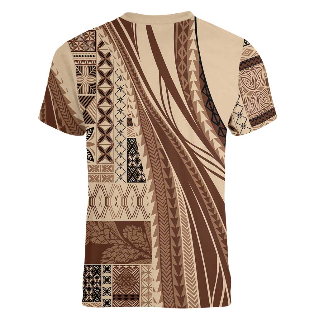 Pasifika Women's Day - Samoa Siapo Malu Tattoo Inspired Women V-Neck T-Shirt Beige LT7 - Polynesian Pride