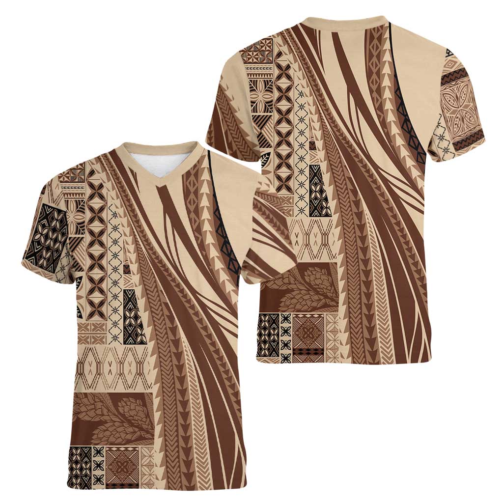 Pasifika Women's Day - Samoa Siapo Malu Tattoo Inspired Women V-Neck T-Shirt Beige LT7 - Polynesian Pride