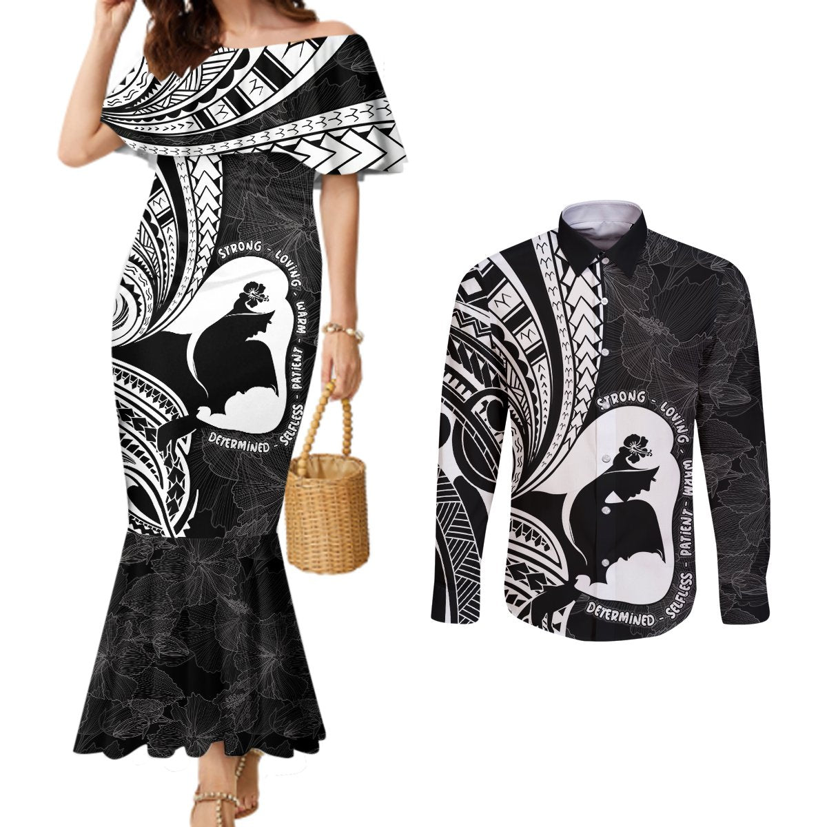 Mother's Day Couples Matching Mermaid Dress and Long Sleeve Button Shirt Polynesia Vintage Hibiscus - Black