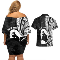 Mother's Day Couples Matching Off Shoulder Short Dress and Hawaiian Shirt Polynesia Vintage Hibiscus - Black