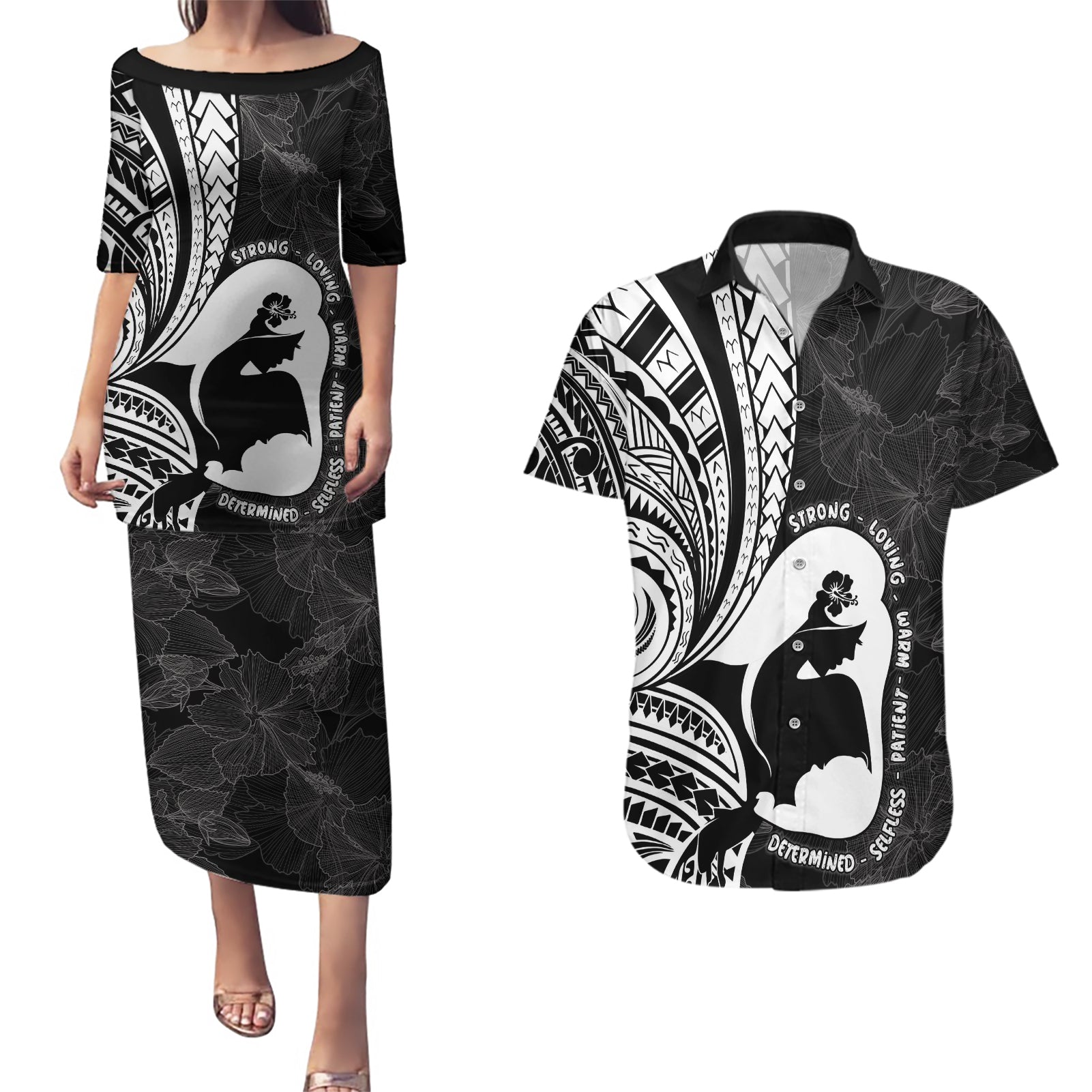 Mother's Day Couples Matching Puletasi and Hawaiian Shirt Polynesia Vintage Hibiscus - Black