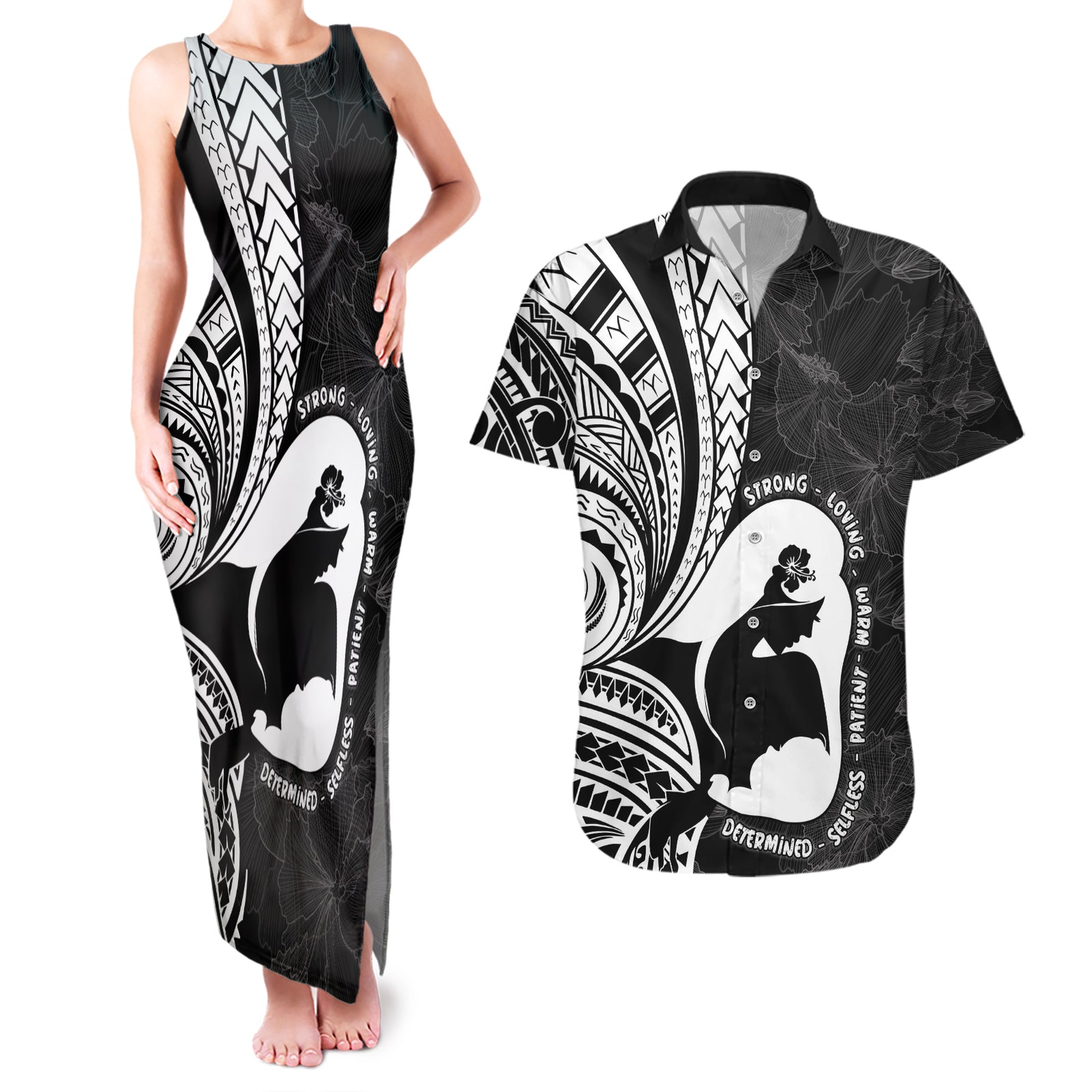 Mother's Day Couples Matching Tank Maxi Dress and Hawaiian Shirt Polynesia Vintage Hibiscus - Black