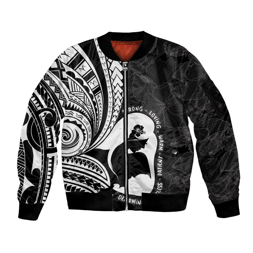 Mother's Day Sleeve Zip Bomber Jacket Polynesia Vintage Hibiscus - Black