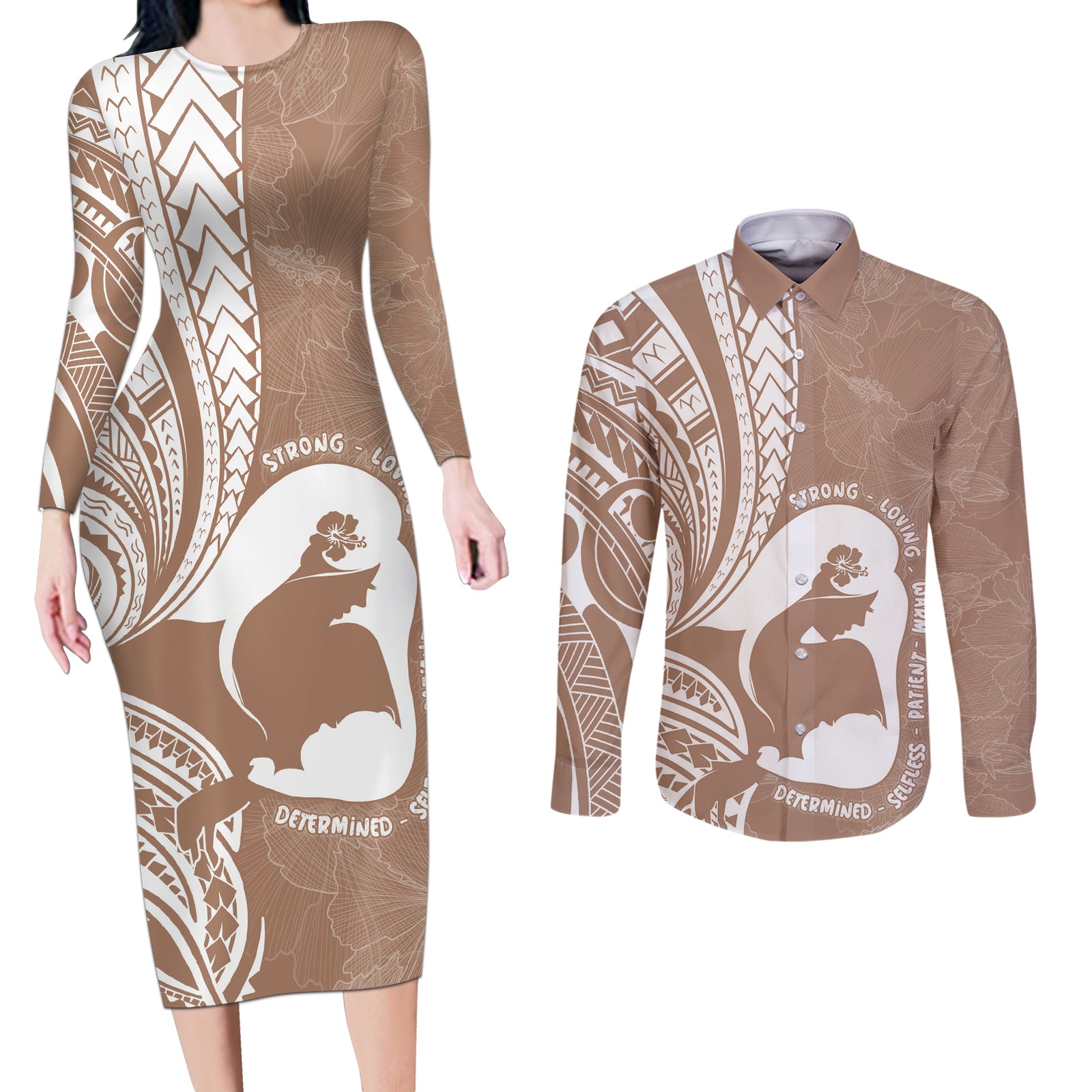 Mother's Day Couples Matching Long Sleeve Bodycon Dress and Long Sleeve Button Shirt Polynesia Vintage Hibiscus - Brown