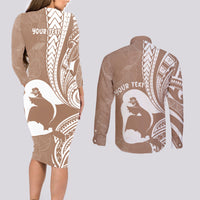 Mother's Day Couples Matching Long Sleeve Bodycon Dress and Long Sleeve Button Shirt Polynesia Vintage Hibiscus - Brown