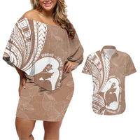 Mother's Day Couples Matching Off Shoulder Short Dress and Hawaiian Shirt Polynesia Vintage Hibiscus - Brown