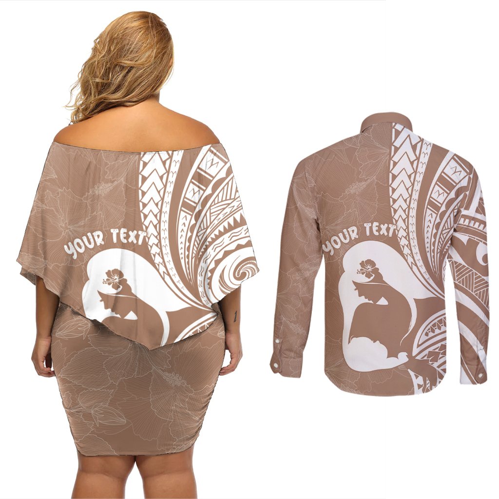 Mother's Day Couples Matching Off Shoulder Short Dress and Long Sleeve Button Shirt Polynesia Vintage Hibiscus - Brown LT7 - Polynesian Pride
