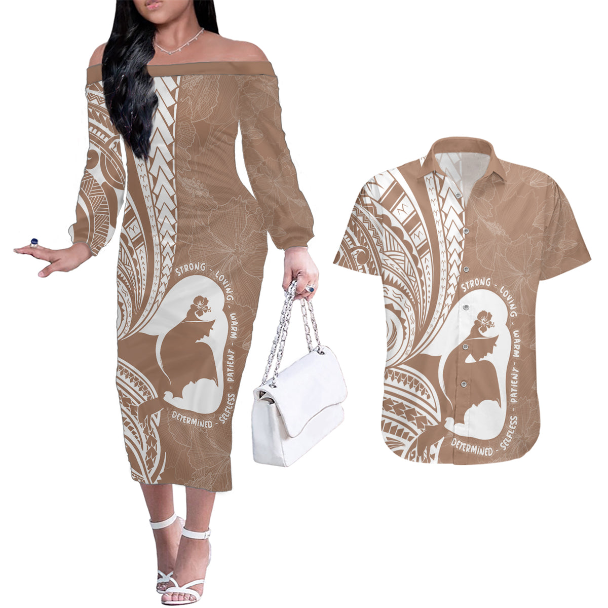 Mother's Day Couples Matching Off The Shoulder Long Sleeve Dress and Hawaiian Shirt Polynesia Vintage Hibiscus - Brown