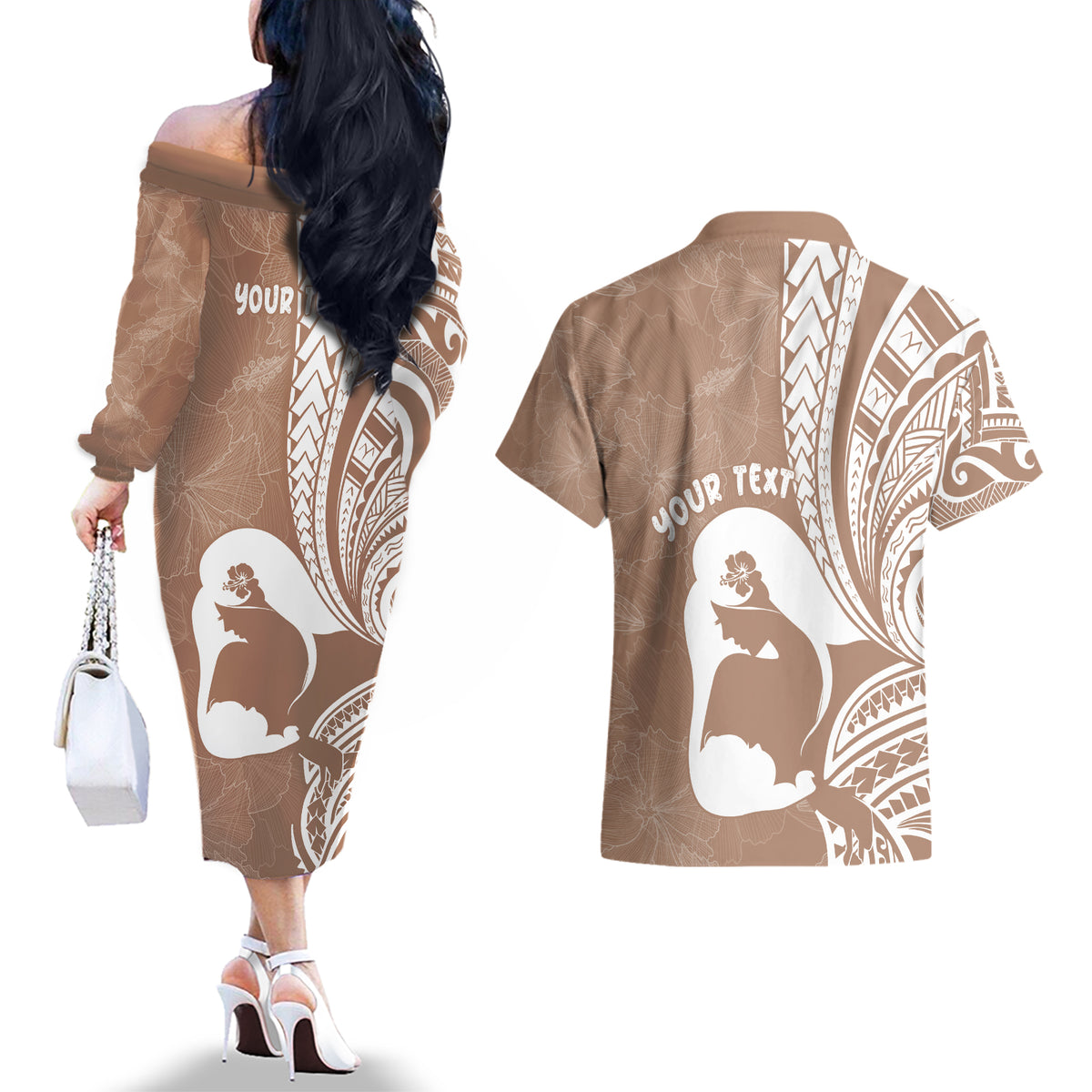 Mother's Day Couples Matching Off The Shoulder Long Sleeve Dress and Hawaiian Shirt Polynesia Vintage Hibiscus - Brown
