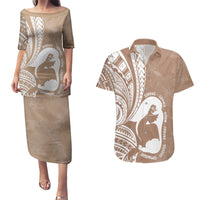 Mother's Day Couples Matching Puletasi and Hawaiian Shirt Polynesia Vintage Hibiscus - Brown