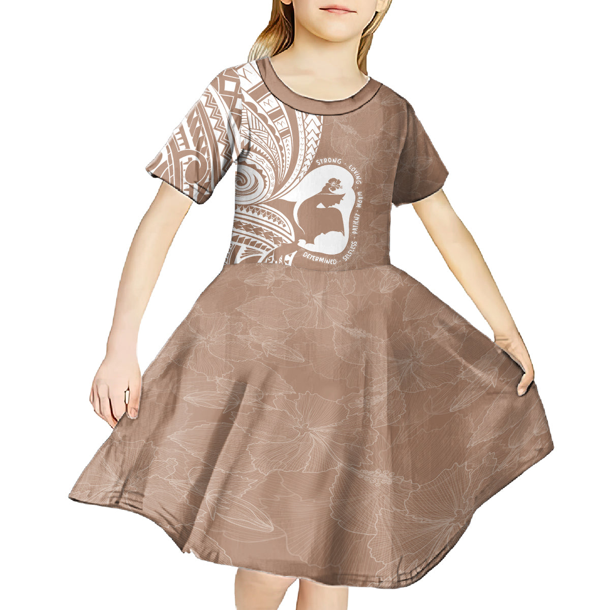 Mother's Day Kid Short Sleeve Dress Polynesia Vintage Hibiscus - Brown LT7 - Polynesian Pride