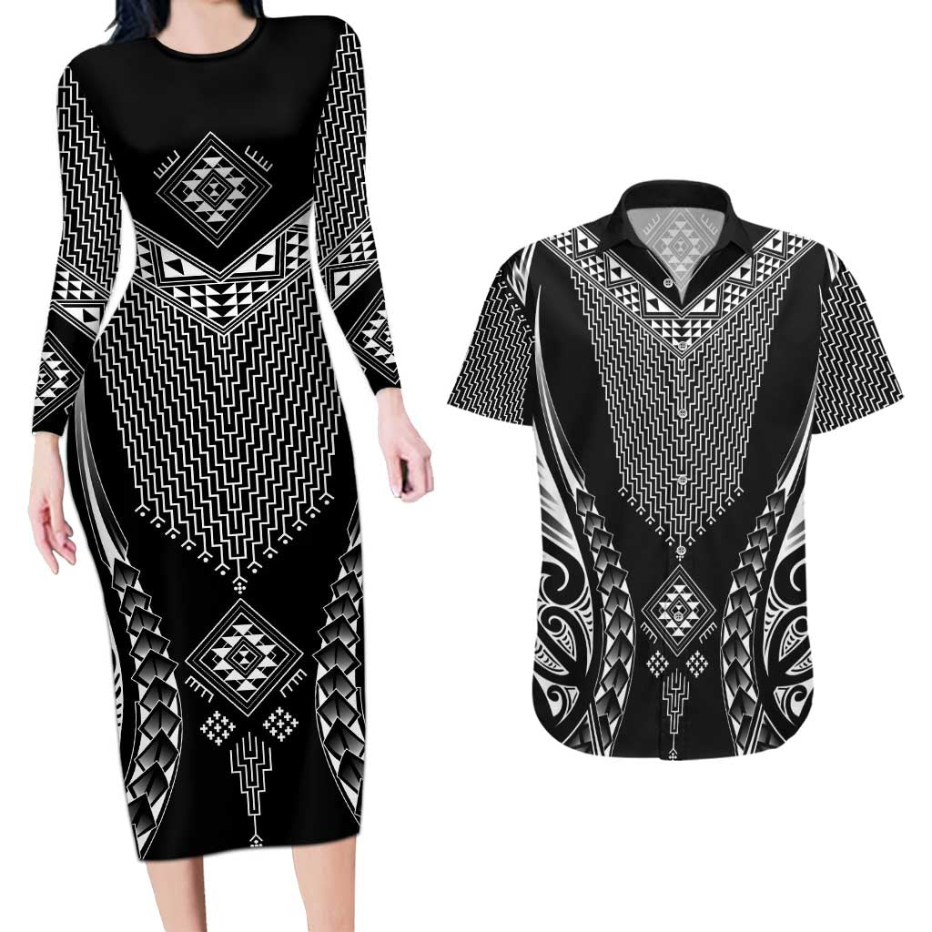 2025 Rugby Championship New Zealand Custom Couples Matching Long Sleeve Bodycon Dress and Hawaiian Shirt Poutama Motifs - Polynesian Pride