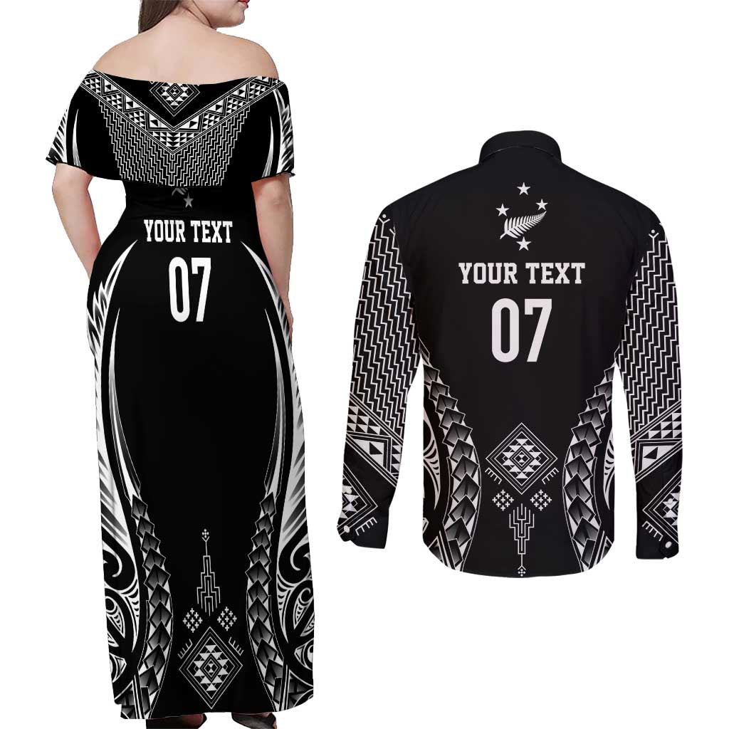 2025 Rugby Championship New Zealand Custom Couples Matching Off Shoulder Maxi Dress and Long Sleeve Button Shirt Poutama Motifs - Polynesian Pride