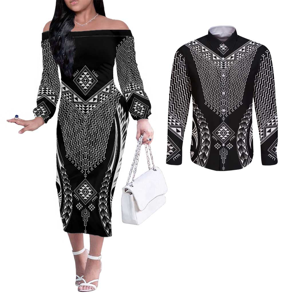 2025 Rugby Championship New Zealand Custom Couples Matching Off The Shoulder Long Sleeve Dress and Long Sleeve Button Shirt Poutama Motifs - Polynesian Pride