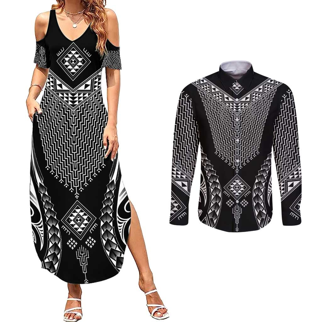 2025 Rugby Championship New Zealand Custom Couples Matching Summer Maxi Dress and Long Sleeve Button Shirt Poutama Motifs - Polynesian Pride