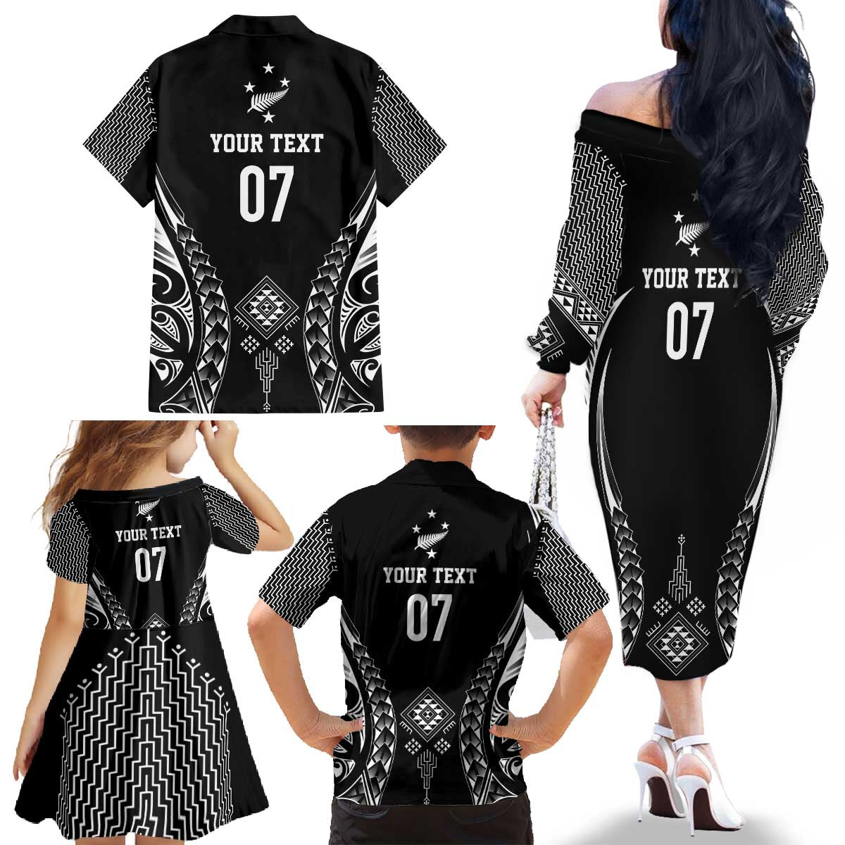 2025 Rugby Championship New Zealand Custom Family Matching Off The Shoulder Long Sleeve Dress and Hawaiian Shirt Poutama Motifs - Polynesian Pride