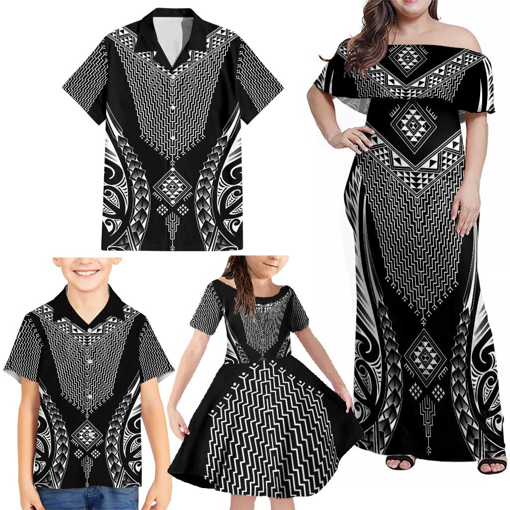 2025 Rugby Championship New Zealand Custom Family Matching Off Shoulder Maxi Dress and Hawaiian Shirt Poutama Motifs - Polynesian Pride