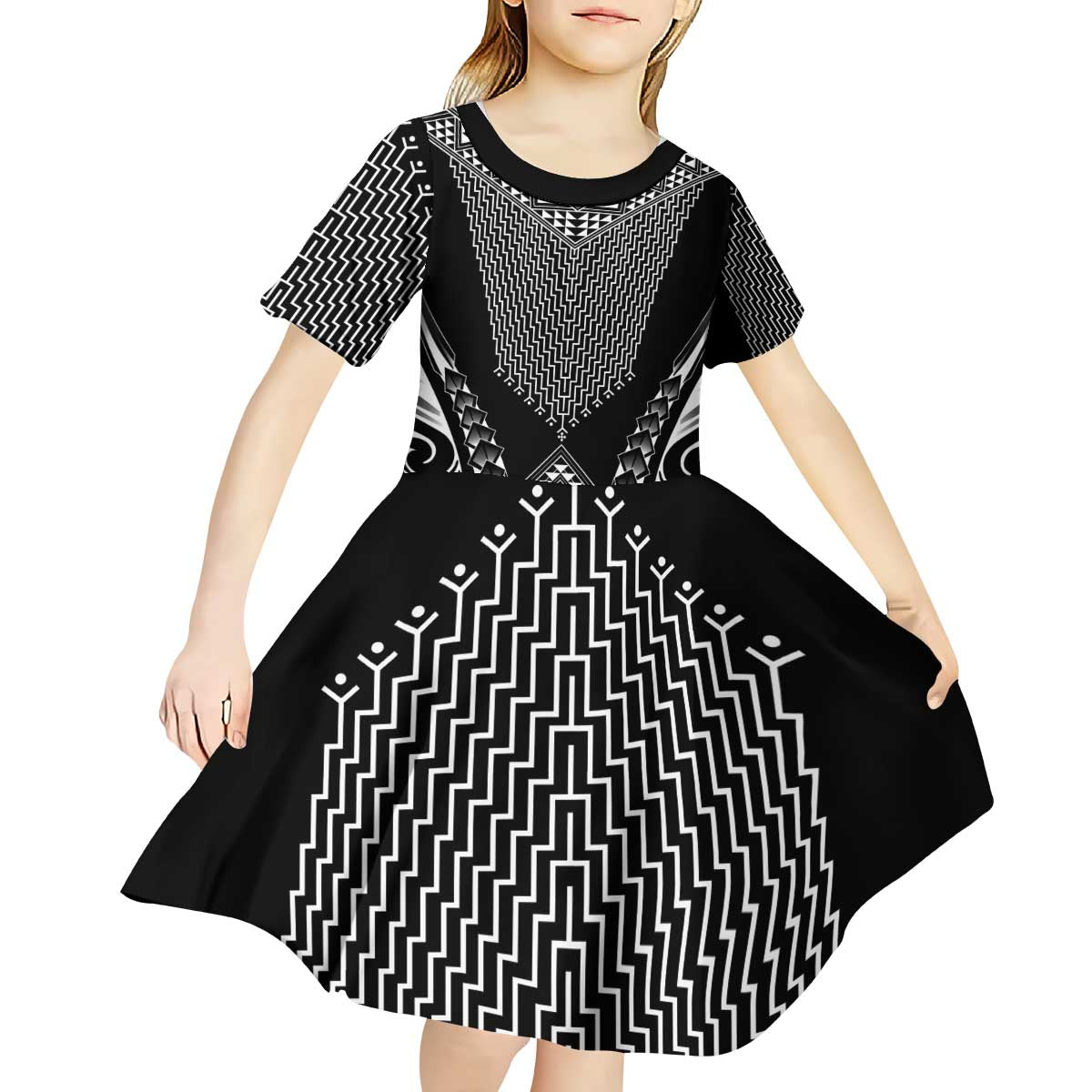 2025 Rugby Championship New Zealand Custom Kid Short Sleeve Dress Poutama Motifs - Polynesian Pride