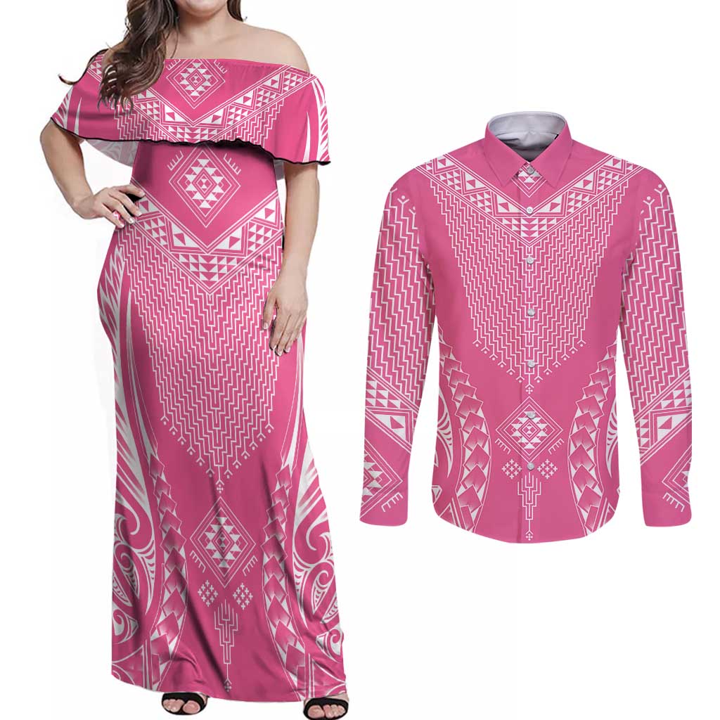 2025 Rugby Championship New Zealand Custom Couples Matching Off Shoulder Maxi Dress and Long Sleeve Button Shirt Poutama Motifs - Pink Out - Polynesian Pride