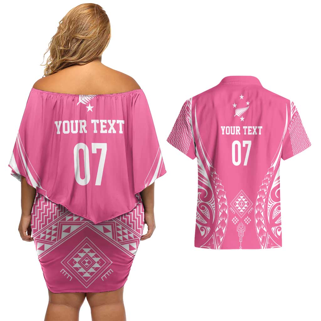 2025 Rugby Championship New Zealand Custom Couples Matching Off Shoulder Short Dress and Hawaiian Shirt Poutama Motifs - Pink Out - Polynesian Pride
