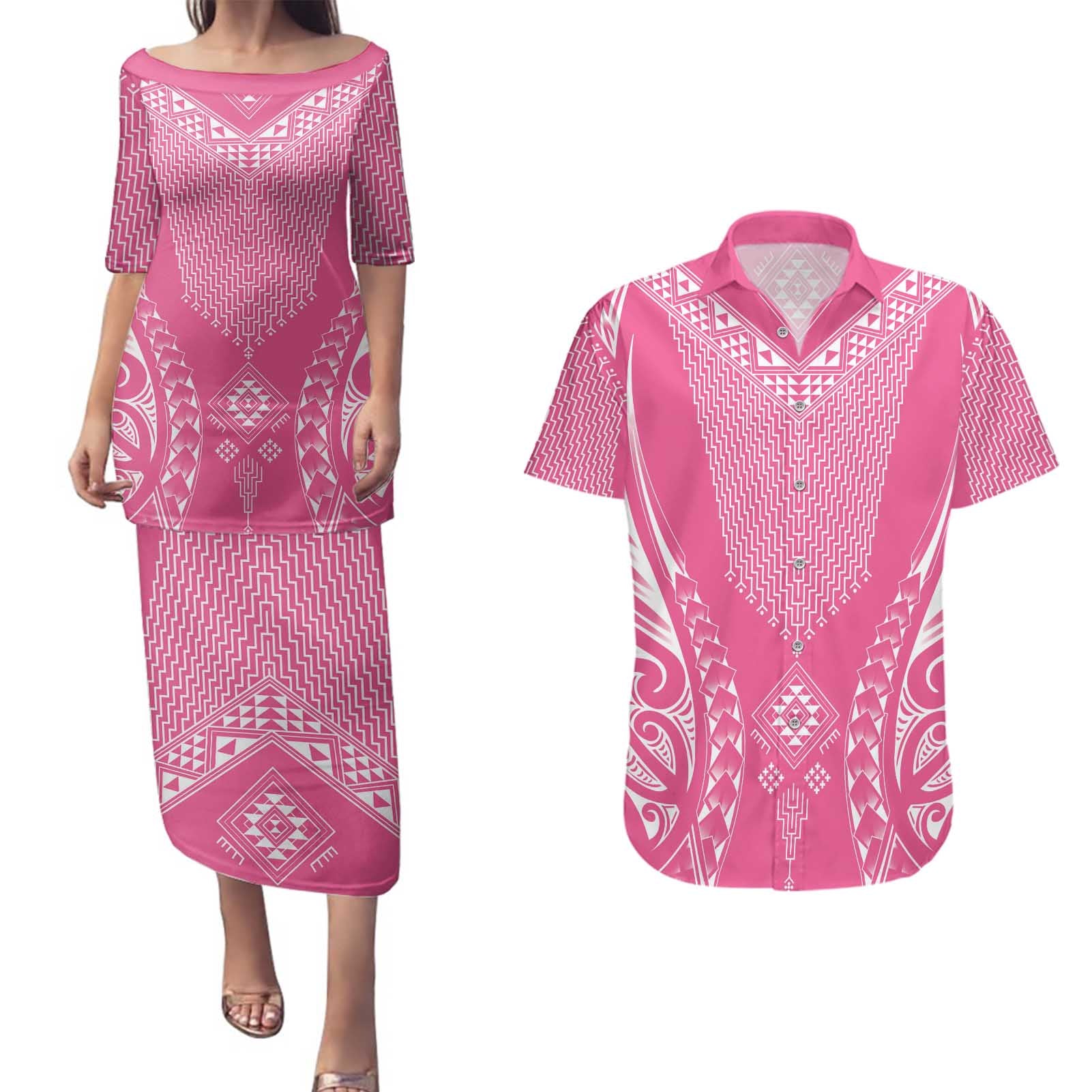 2025 Rugby Championship New Zealand Custom Couples Matching Puletasi and Hawaiian Shirt Poutama Motifs - Pink Out - Polynesian Pride
