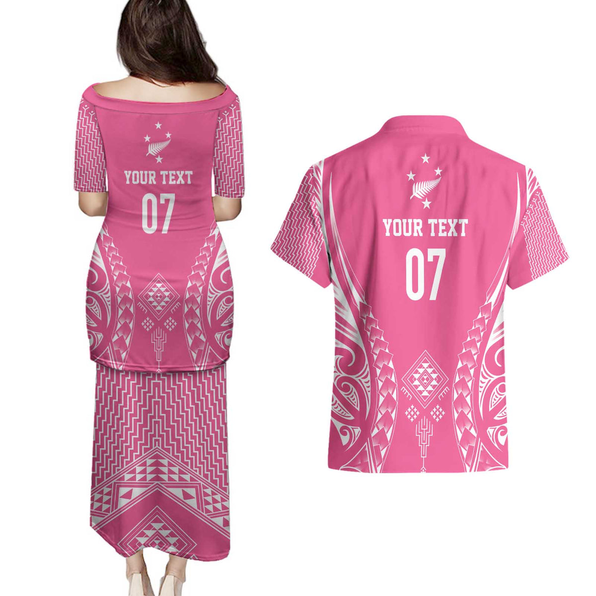 2025 Rugby Championship New Zealand Custom Couples Matching Puletasi and Hawaiian Shirt Poutama Motifs - Pink Out - Polynesian Pride